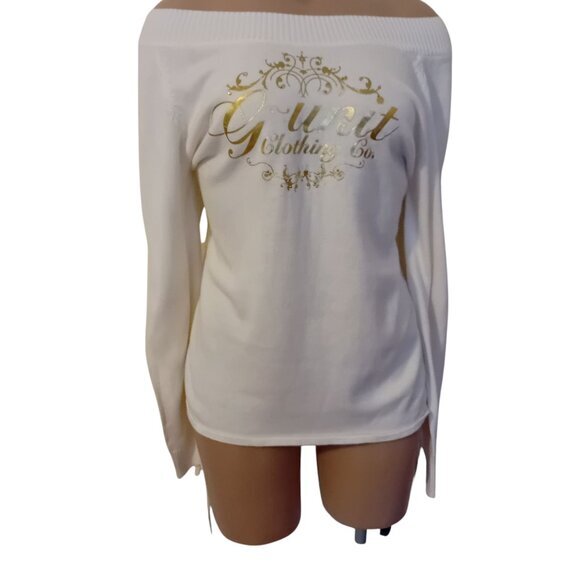 Y2K Women's Teens G-Unit‎ Off Shoulder Mcbling Bling Rhinestone Ties Sweater XL - Picture 1 of 13